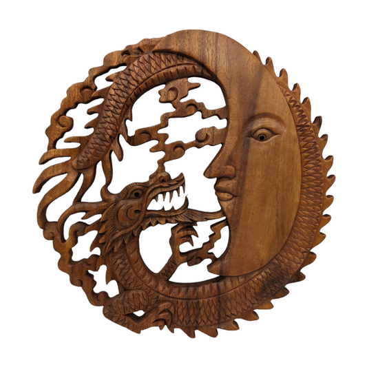 Round Hand Carved Wooden Moon Dragon Wall Hanging