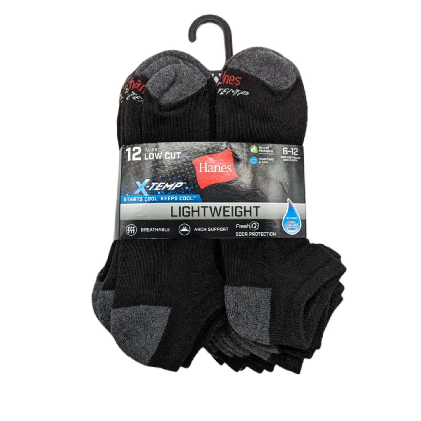 Hanes Men's Low Cut Socks Fresh IQ X-Temp 12-Pack Size 6-12